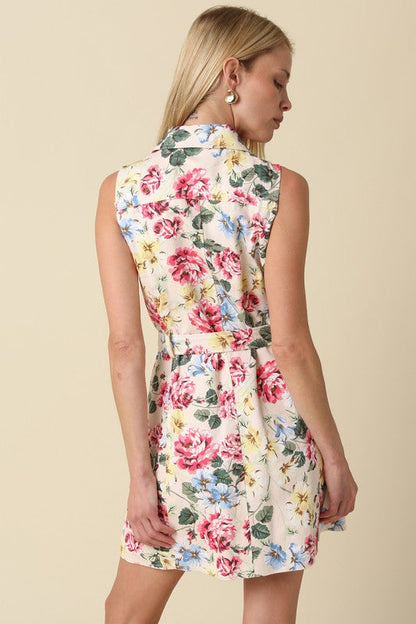 Cassie Sleeveless Belted Floral Print Mini Dress Red