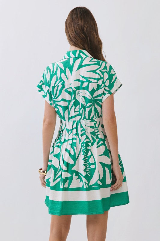 Fabiana Short Sleeve Button Down Tropical Print Mini Dress Green