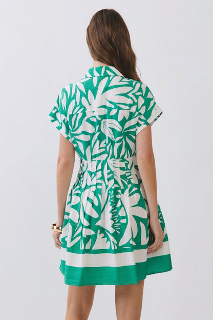 Fabiana Short Sleeve Button Down Tropical Print Mini Dress Green