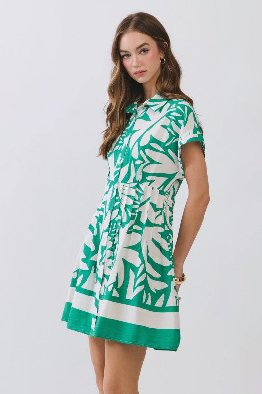 Fabiana Short Sleeve Button Down Tropical Print Mini Dress Green