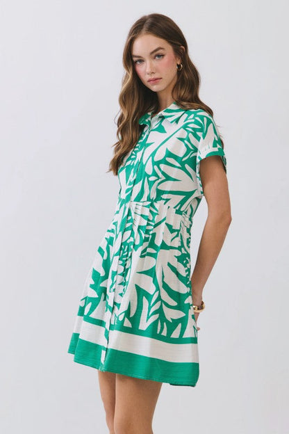 Fabiana Short Sleeve Button Down Tropical Print Mini Dress Green