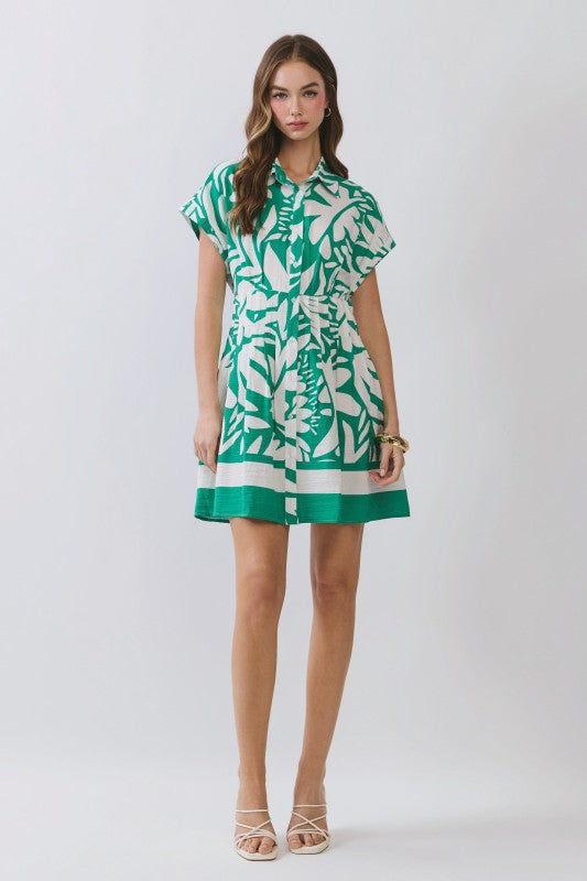 Fabiana Short Sleeve Button Down Tropical Print Mini Dress Green