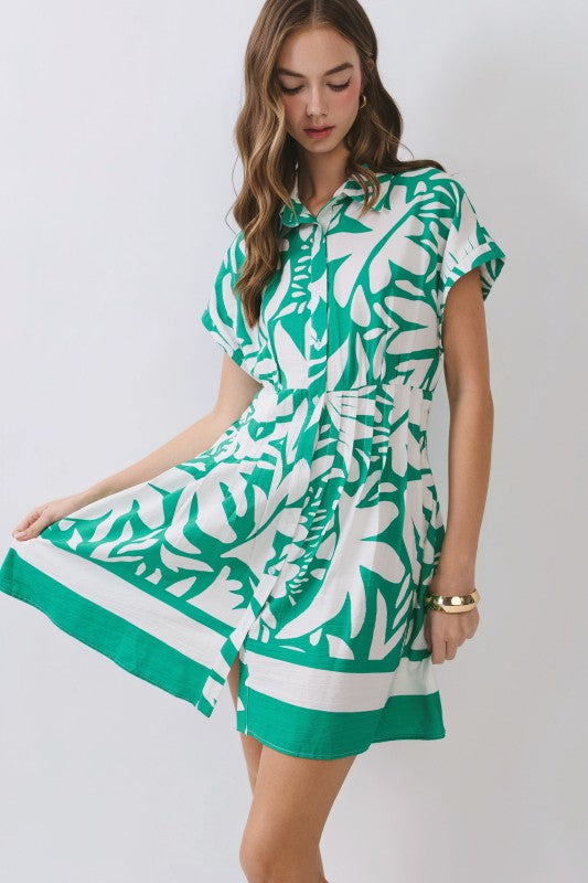 Fabiana Short Sleeve Button Down Tropical Print Mini Dress Green