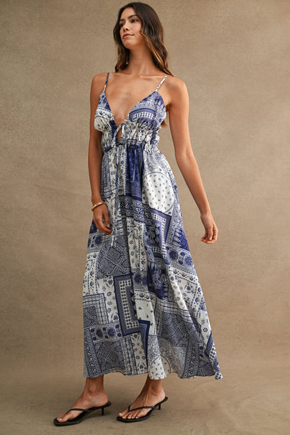 Oriana Sleeveless Patchwork Paisley Print Midi Dress Blue