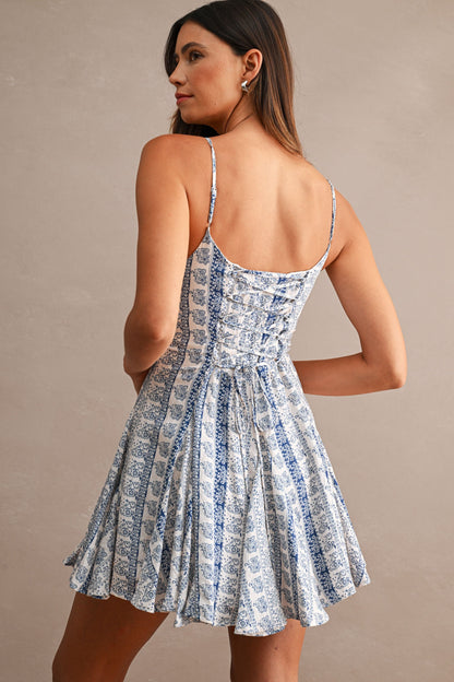 Hope Sleeveless Floral Paisley Print Mini Dress Blue