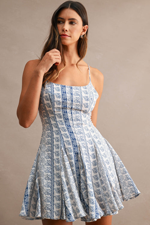 Hope Sleeveless Floral Paisley Print Mini Dress Blue