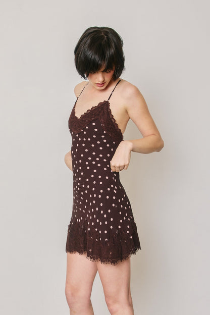 Waitlist 8/25 • Indigo Sleeveless Lace And Polka Dot Print Mini Dress Brown