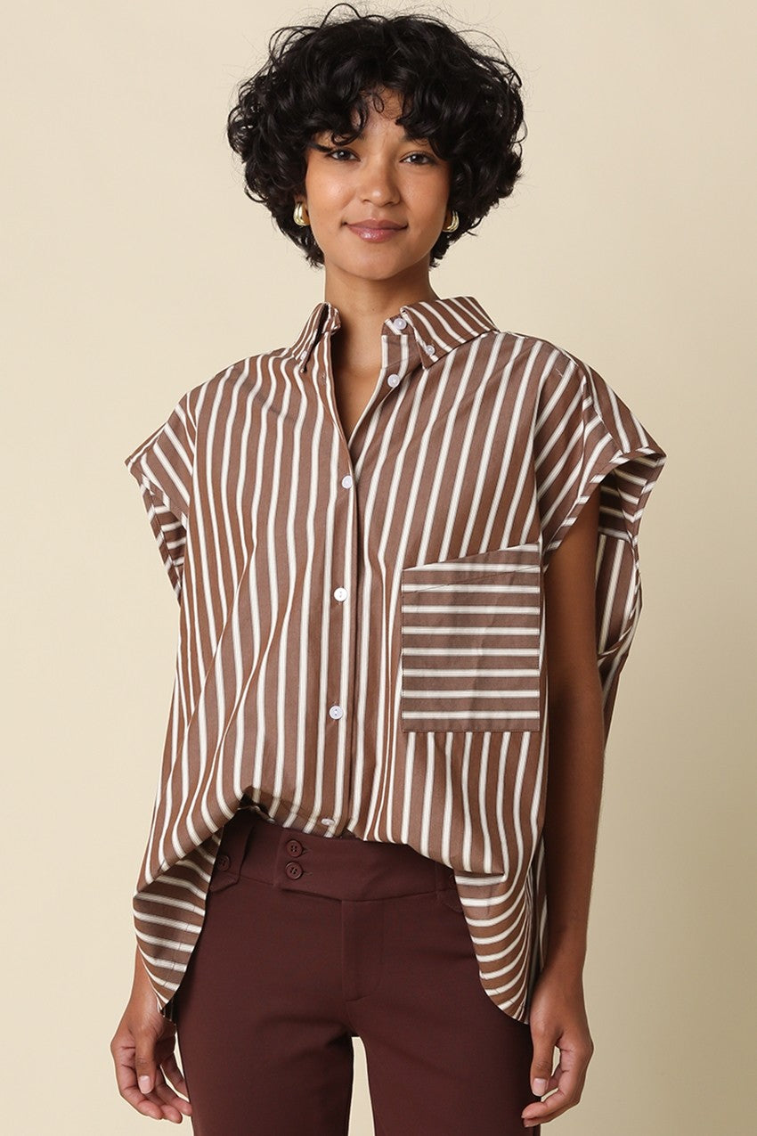 Waitlist 7/20 • Shelby Short Sleeve Button Down Stripe Print Top Brown