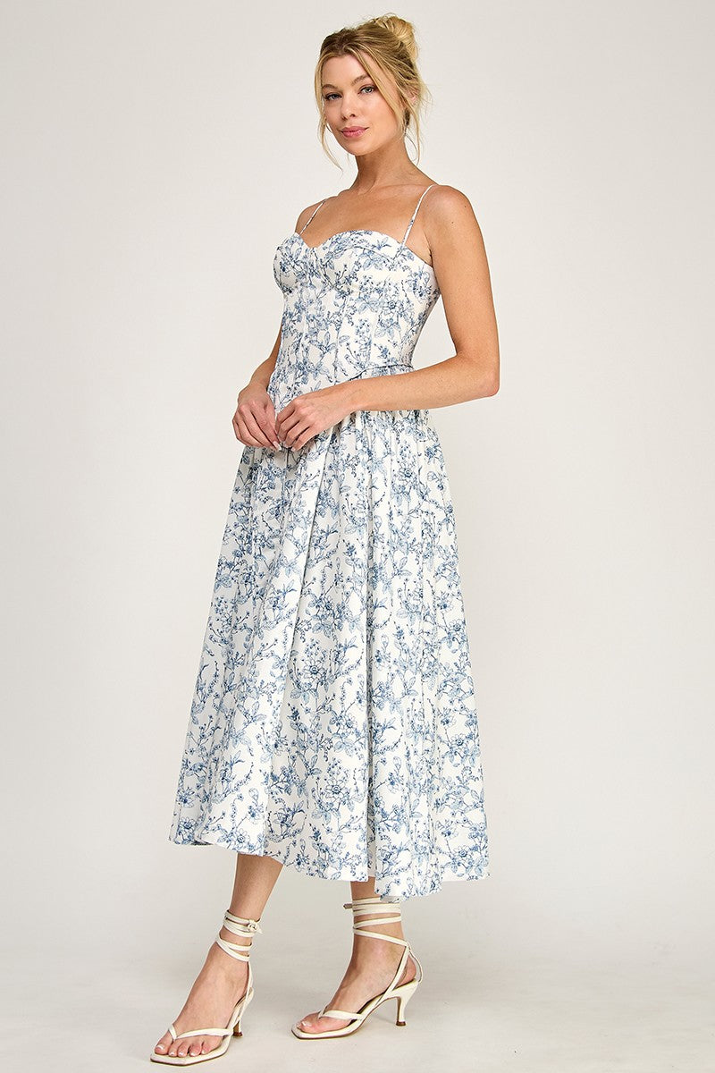 Ruth Sleeveless Botanical Bloom Floral Print Midi Dress Blue