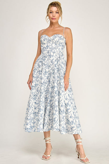 Ruth Sleeveless Botanical Bloom Floral Print Midi Dress Blue