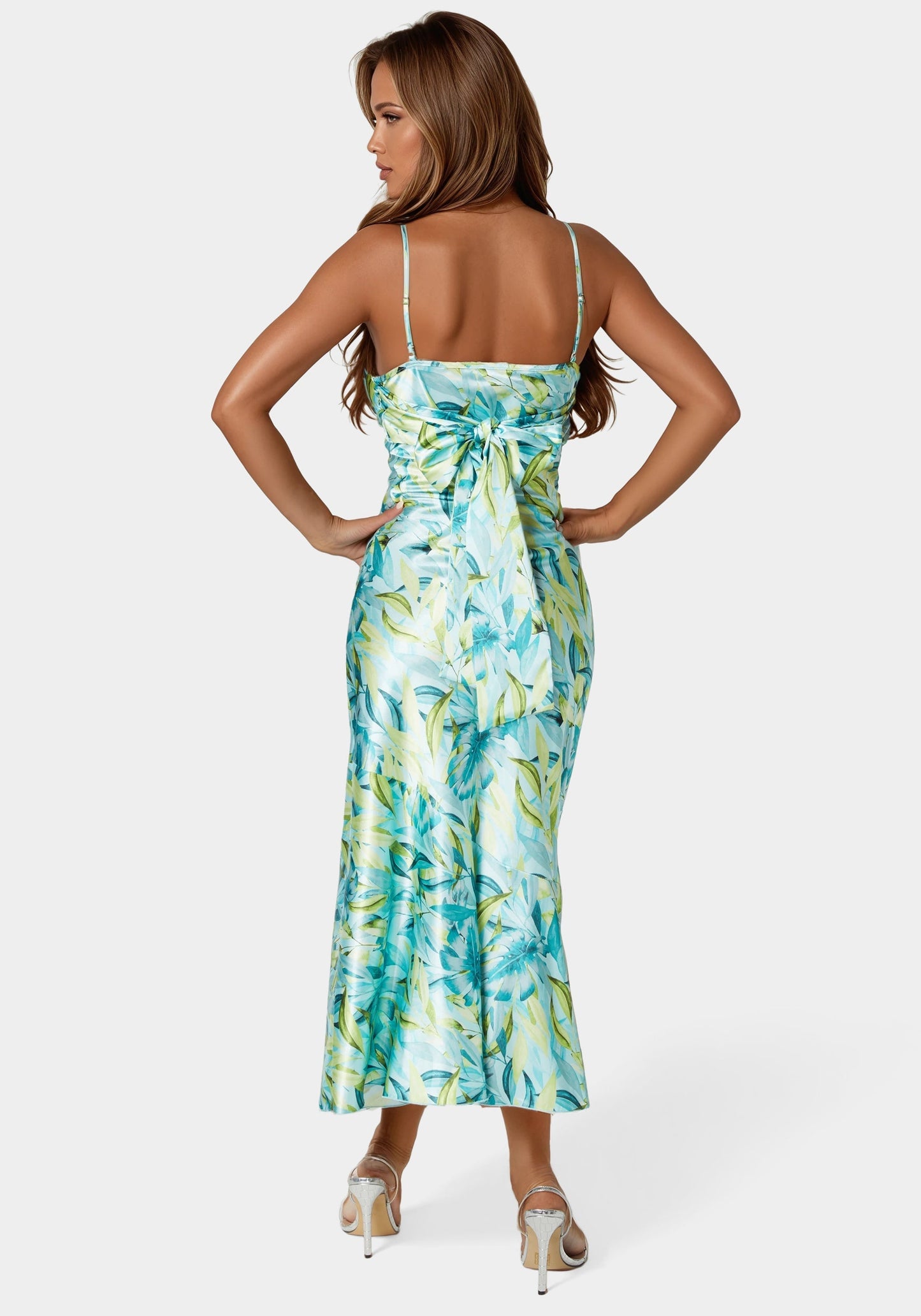 Printed Satin Flounce Maxi Dress
