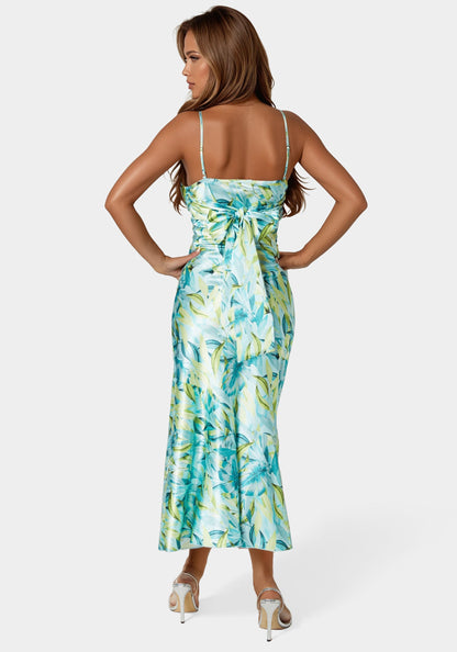 Printed Satin Flounce Maxi Dress