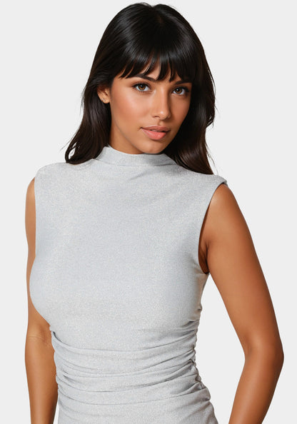 Milan Metallic Drape Neck Shirred Dress