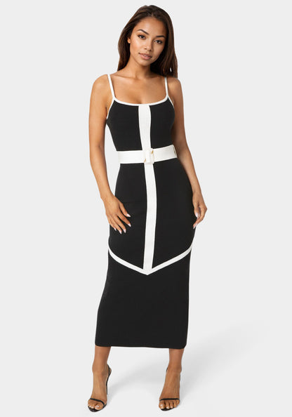 Rib V-Neck Bodycon Maxi Dress with Belt