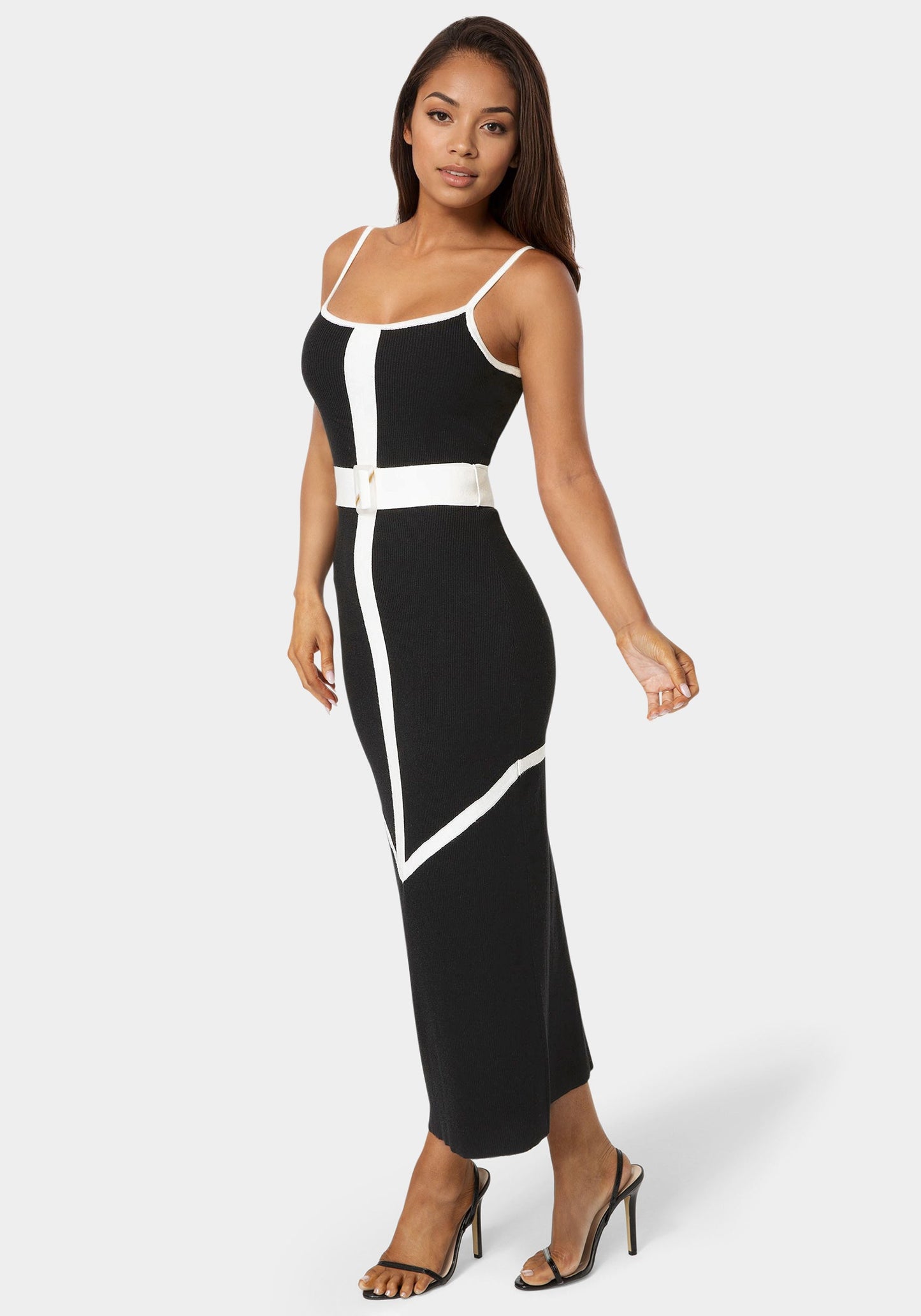 Rib V-Neck Bodycon Maxi Dress with Belt