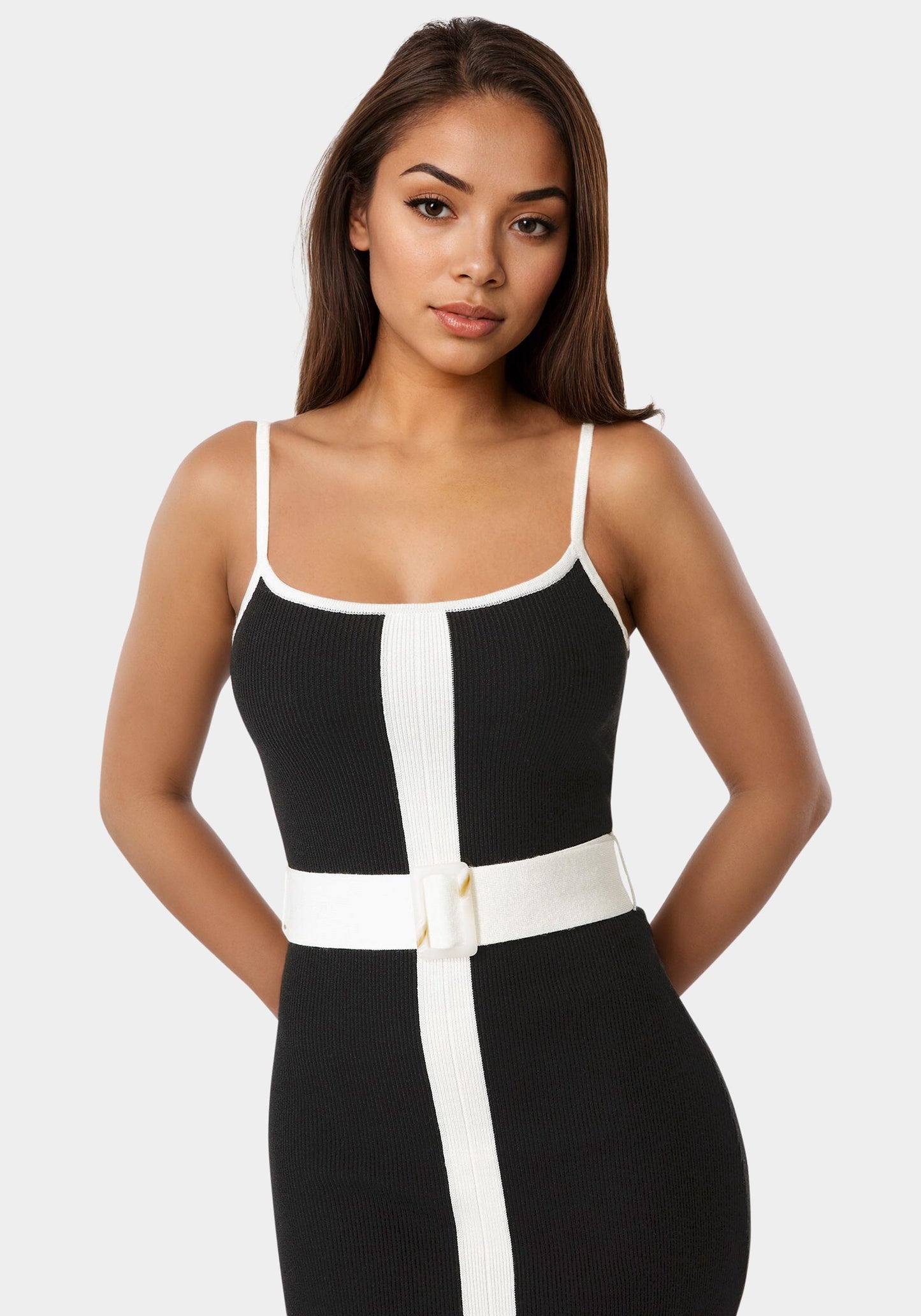 Rib V-Neck Bodycon Maxi Dress with Belt