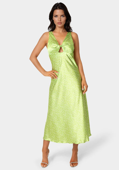 Swiss Dot Satin Twist Front Maxi Dress