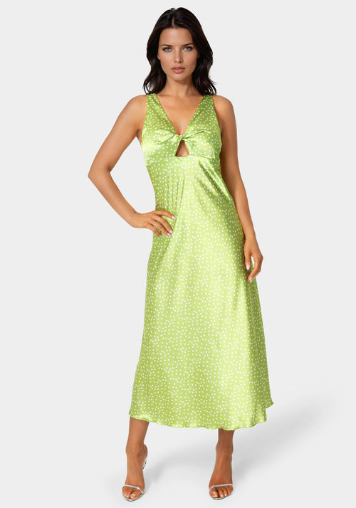 Swiss Dot Satin Twist Front Maxi Dress