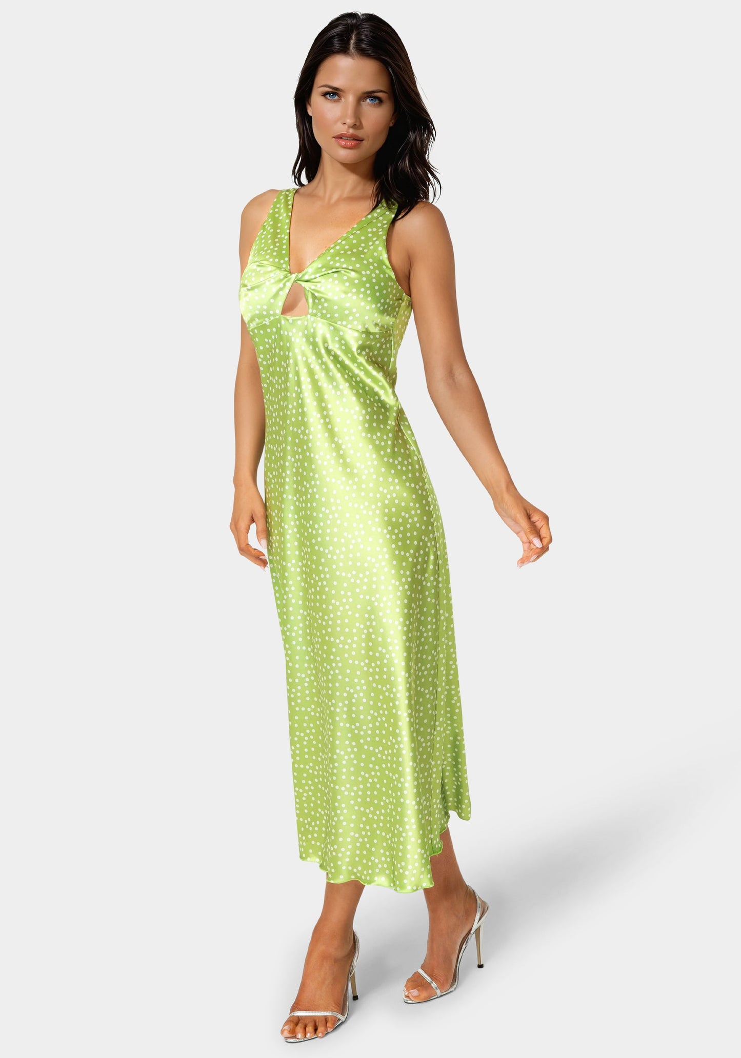 Swiss Dot Satin Twist Front Maxi Dress