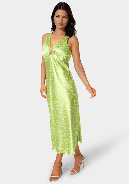 Swiss Dot Satin Twist Front Maxi Dress