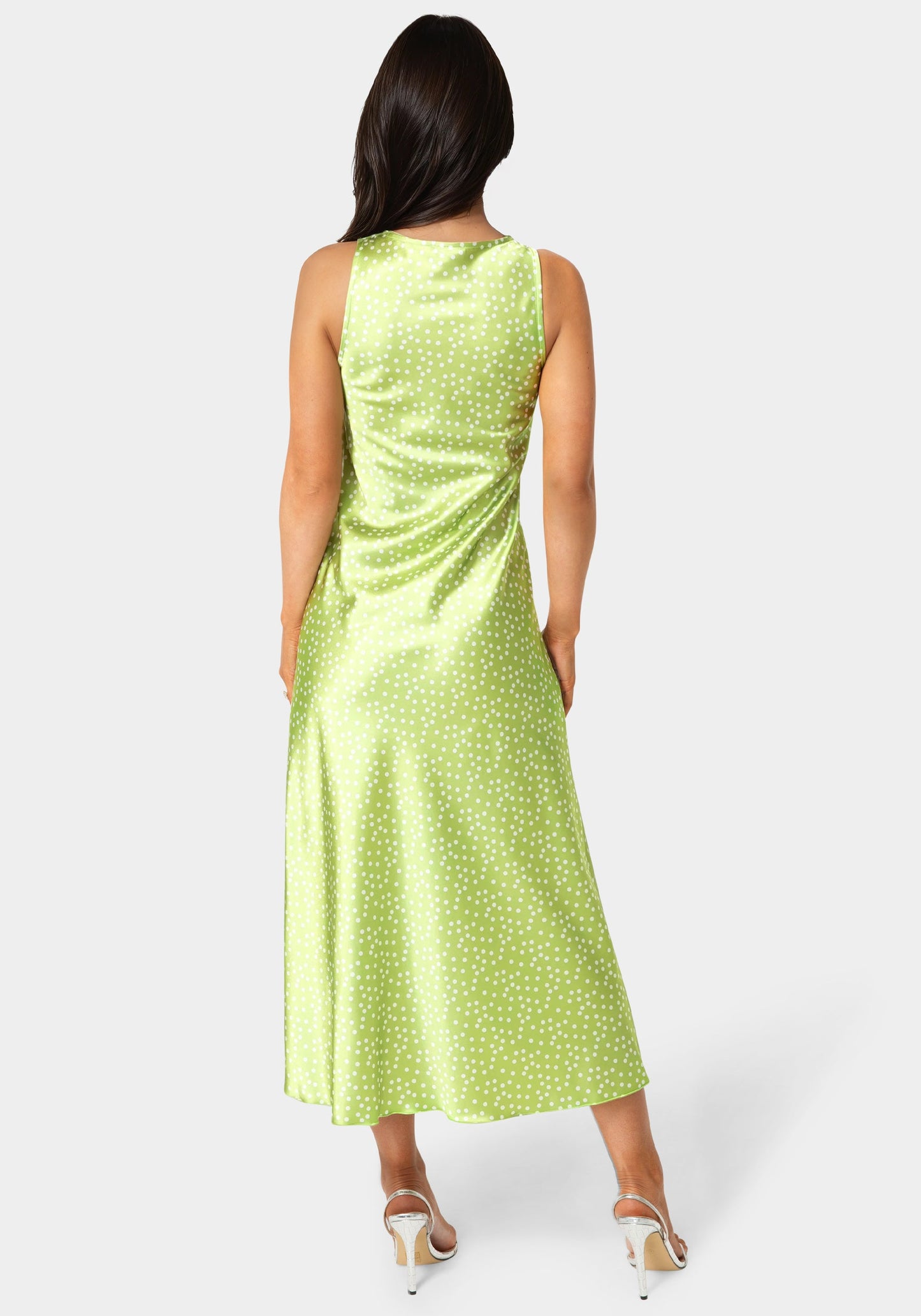 Swiss Dot Satin Twist Front Maxi Dress