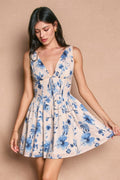 Usha Sleeveless Corset Floral Print Mini Dress Blue