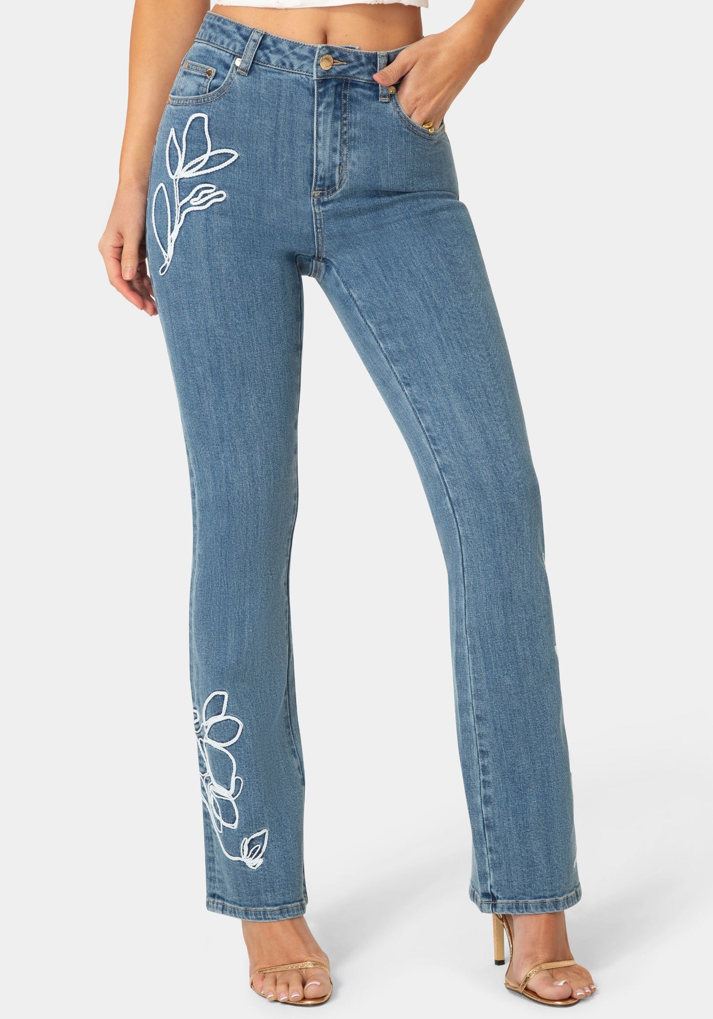 Natural Waist Embroidered Straight Leg Jeans