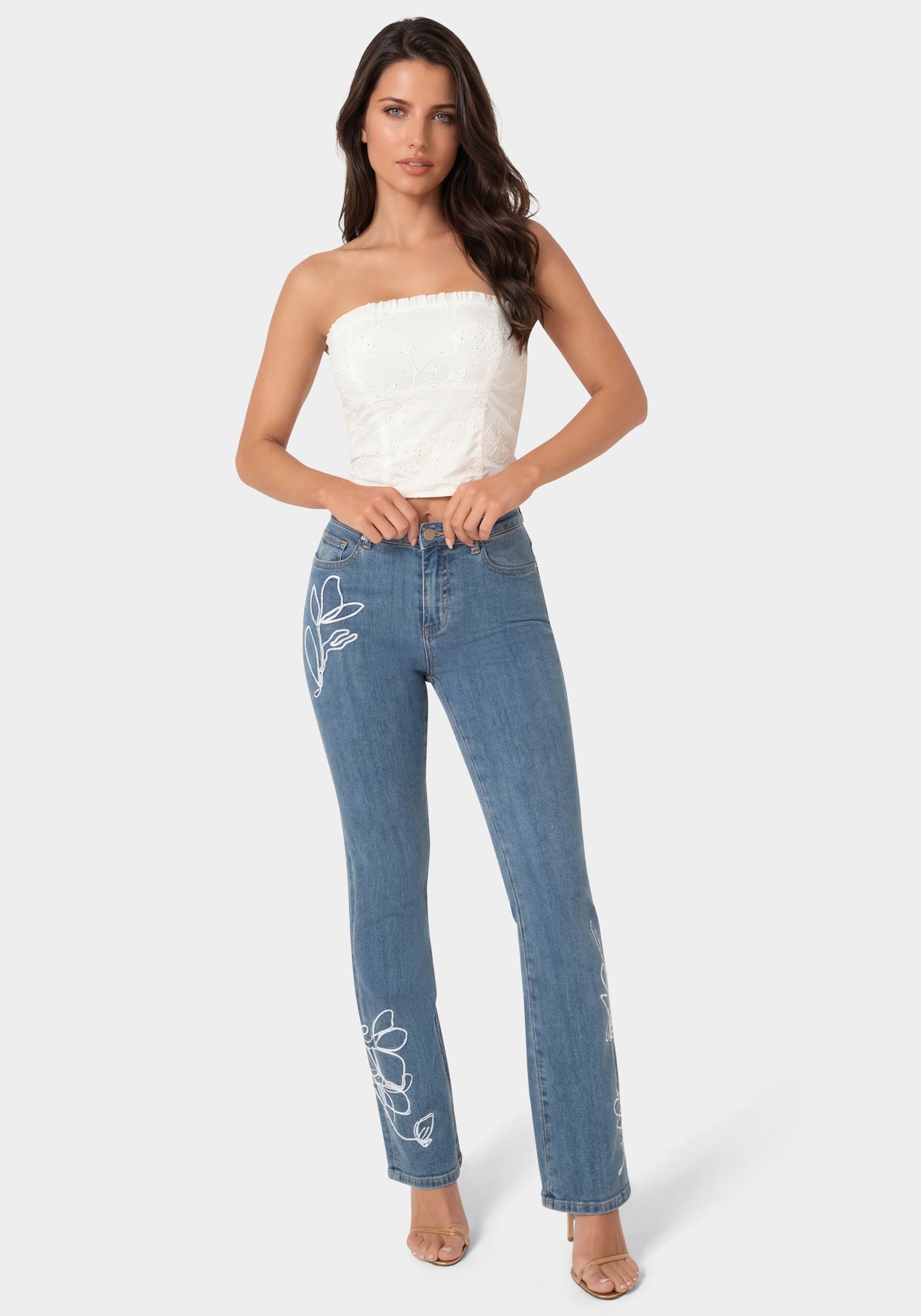 Natural Waist Embroidered Straight Leg Jeans