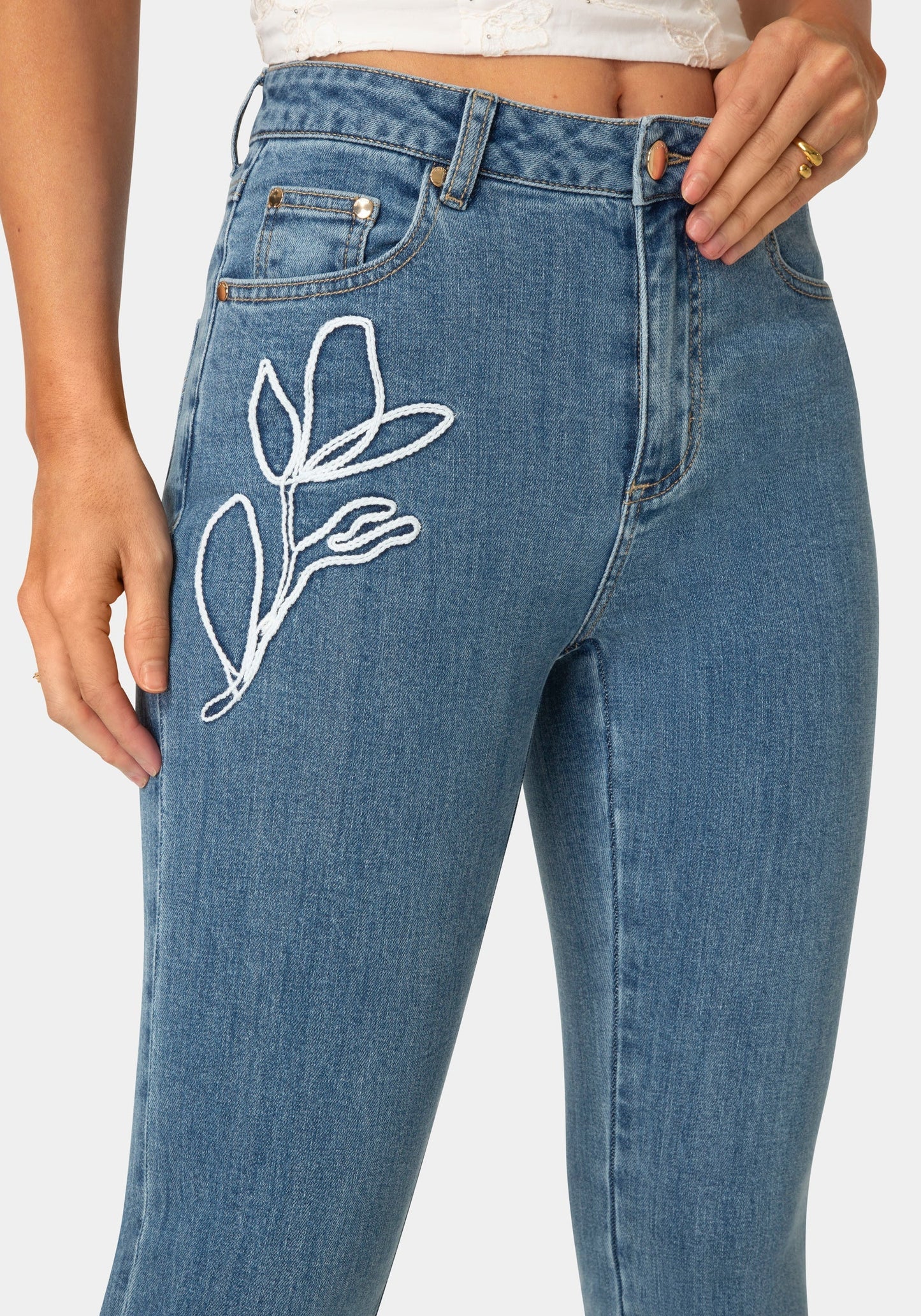 Natural Waist Embroidered Straight Leg Jeans