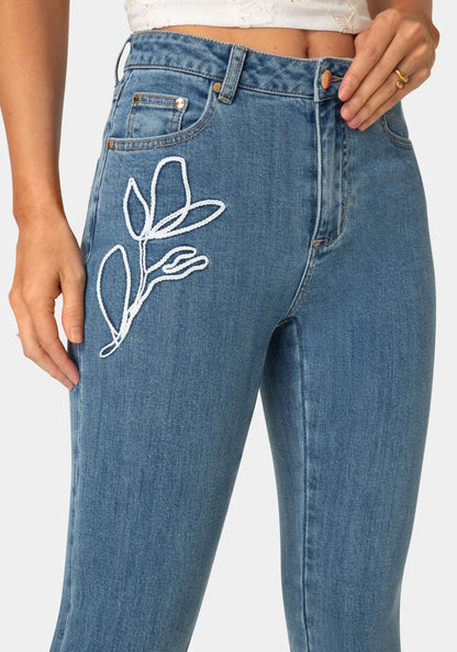 Natural Waist Embroidered Straight Leg Jeans