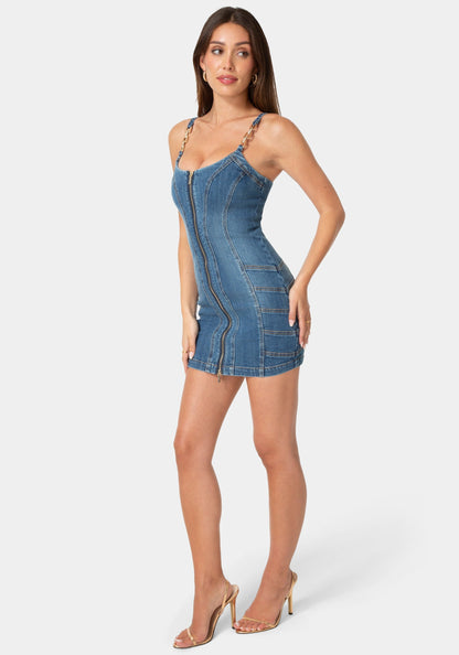 Metal Strap Details Fitted Denim Dress