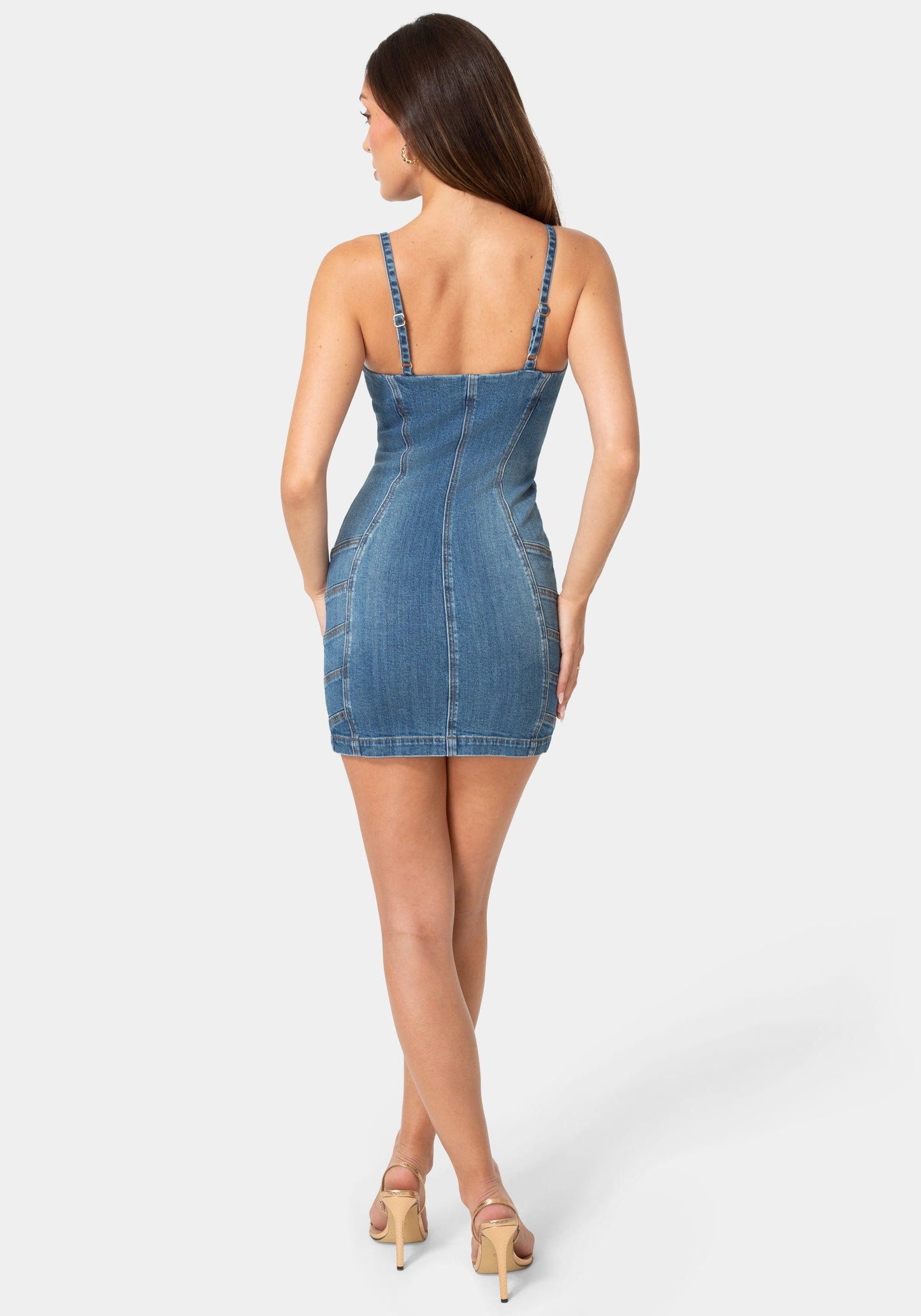 Metal Strap Details Fitted Denim Dress