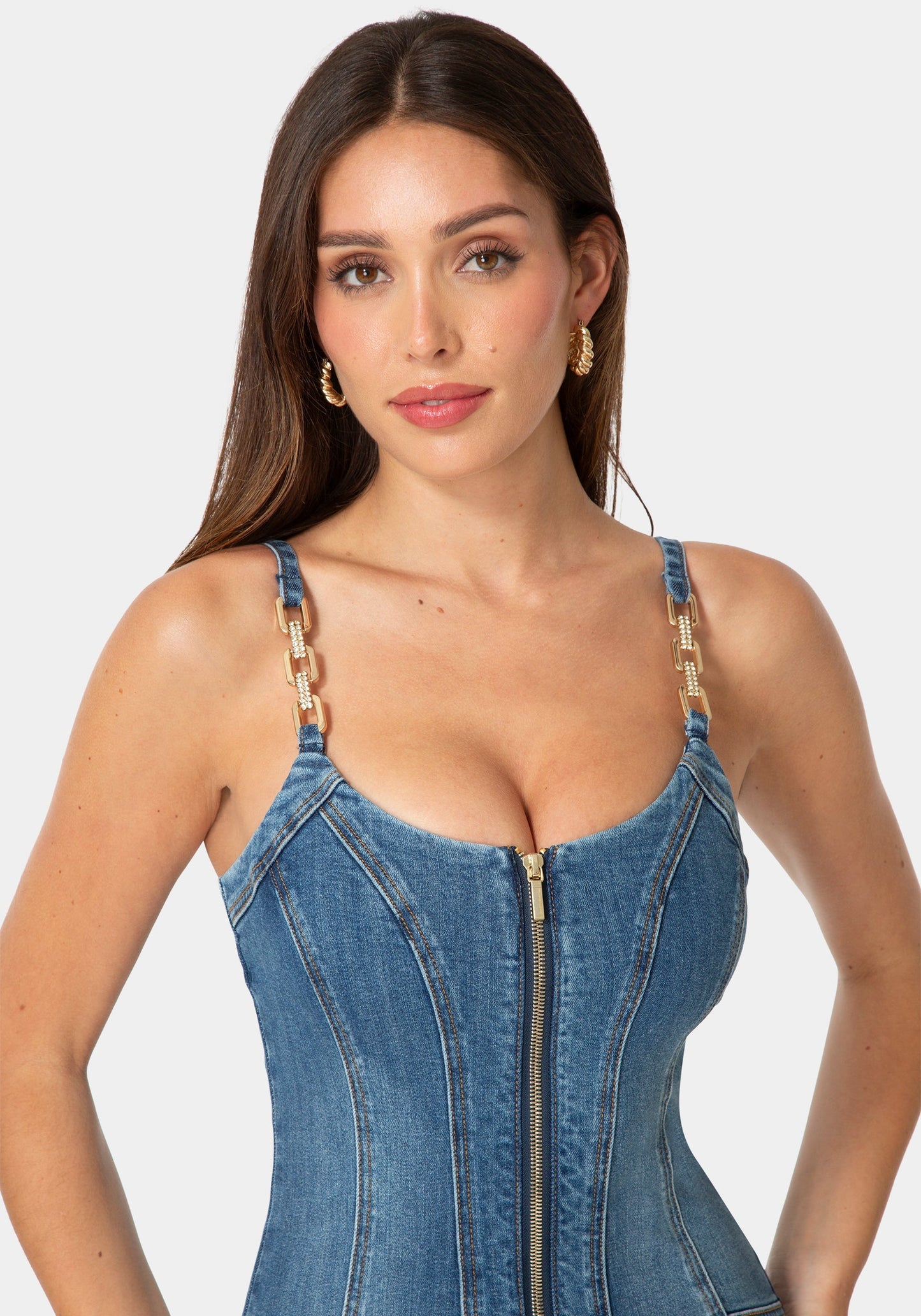 Metal Strap Details Fitted Denim Dress