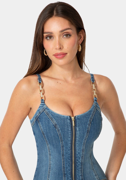 Metal Strap Details Fitted Denim Dress