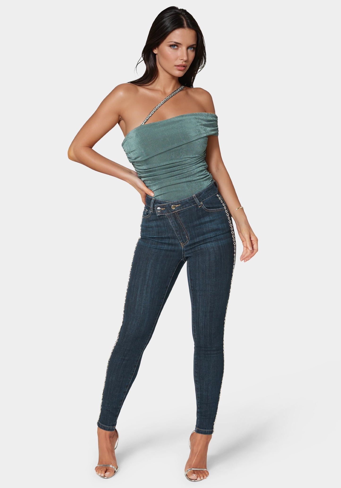 Natural Waist Chain Detail Skinny Leg Jeans