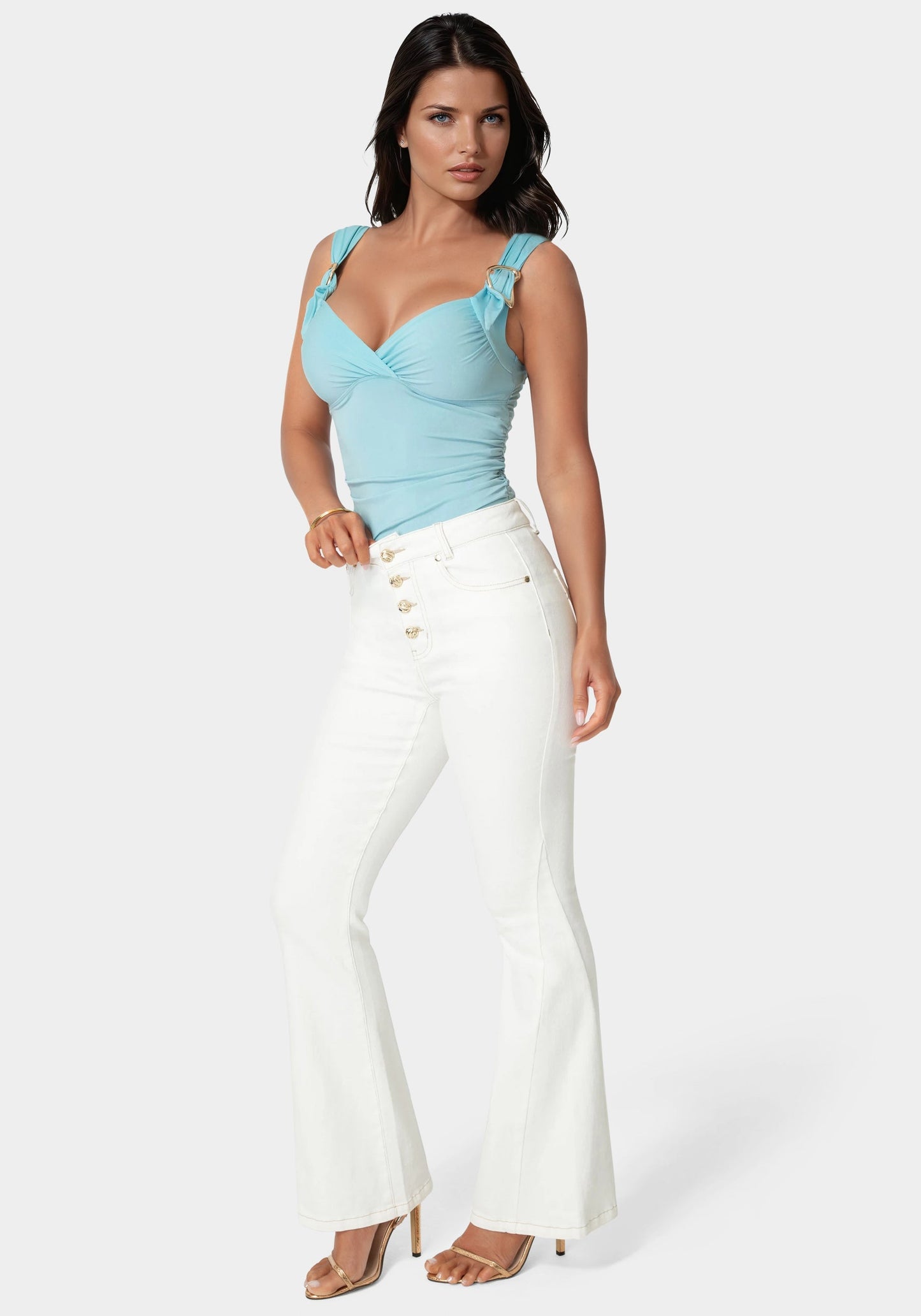 Natural Waist Flared White Jeans