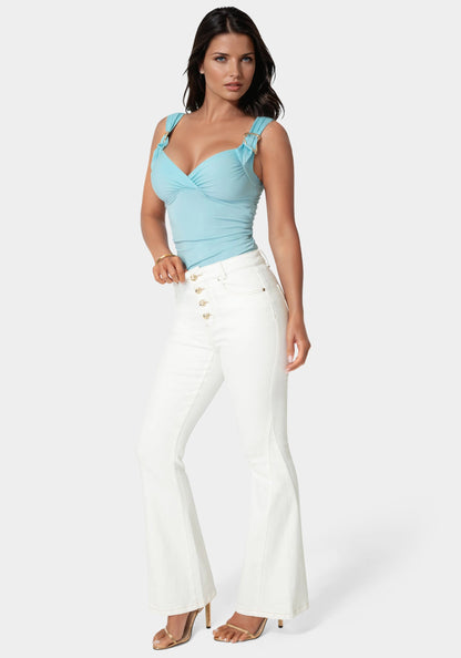 Natural Waist Flared White Jeans
