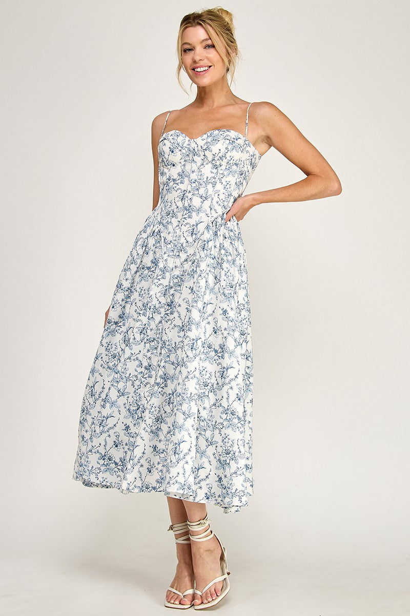 Ruth Sleeveless Botanical Bloom Floral Print Midi Dress Blue