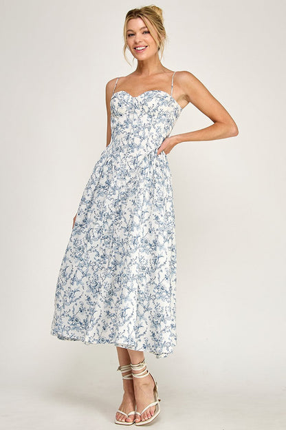 Ruth Sleeveless Botanical Bloom Floral Print Midi Dress Blue