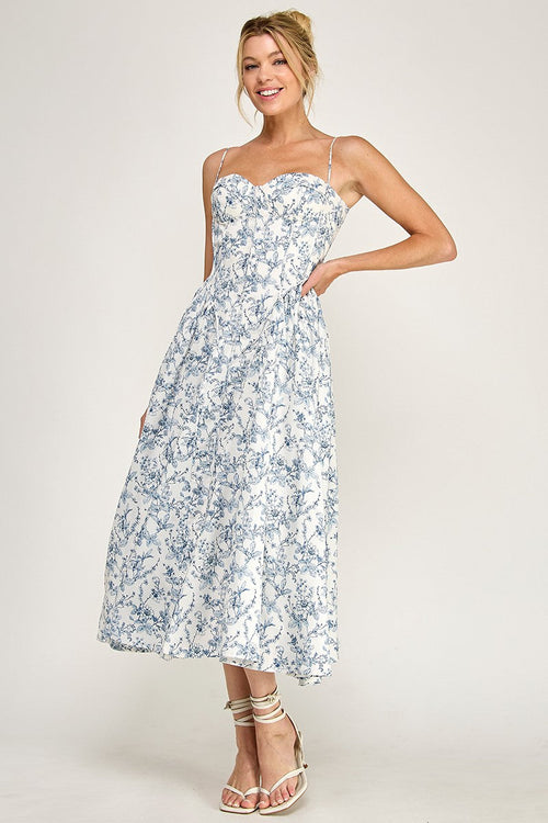 Ruth Sleeveless Botanical Bloom Floral Print Midi Dress Blue