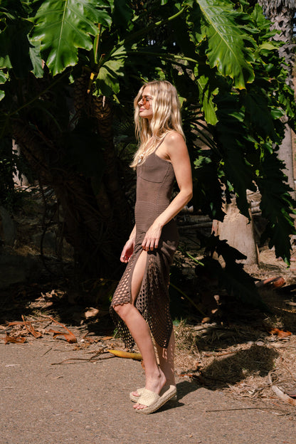 Brittany Sleeveless Crochet Knit Maxi Dress Brown