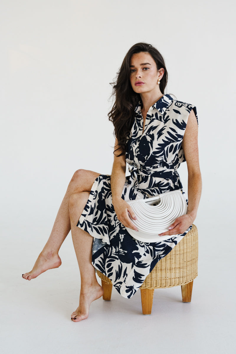 Briar Sleeveless Waist Tie Button Front Floral Print Midi Dress Ivory
