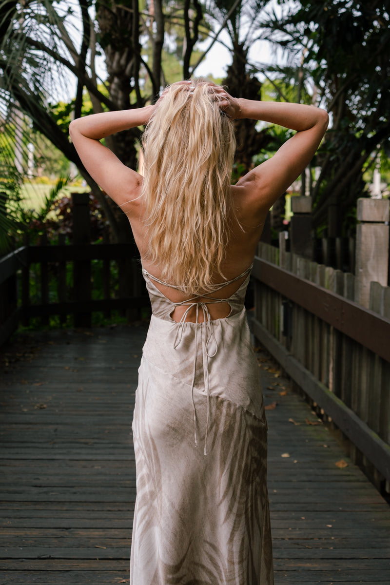 Cecilia Sleeveless Halter Open Back Tropical Print Maxi Dress Green