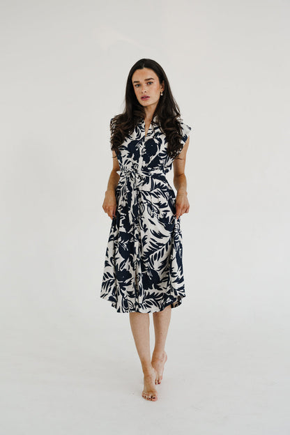 Briar Sleeveless Waist Tie Button Front Floral Print Midi Dress Ivory