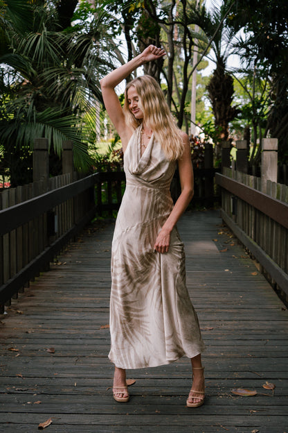 Cecilia Sleeveless Halter Open Back Tropical Print Maxi Dress Green