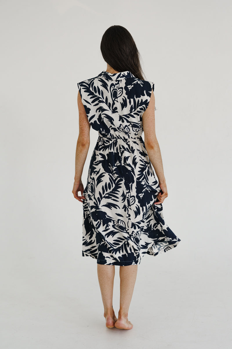 Briar Sleeveless Waist Tie Button Front Floral Print Midi Dress Ivory