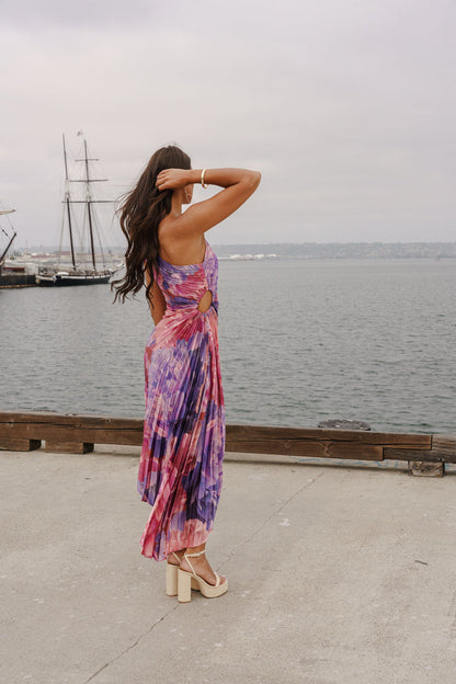 Sheri Sleeveless One Shoulder Pleated Floral Print Maxi Dress Pink