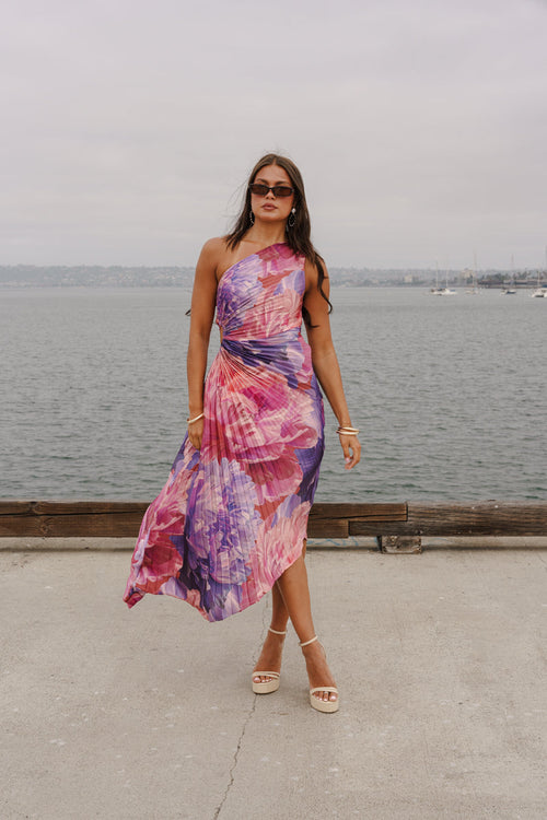 Sheri Sleeveless One Shoulder Pleated Floral Print Maxi Dress Pink