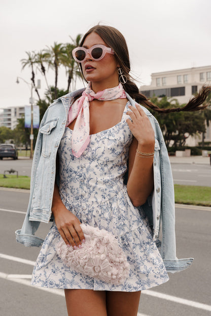 Tilly Sleeveless Elegant Petal Floral Print Mini Dress Blue