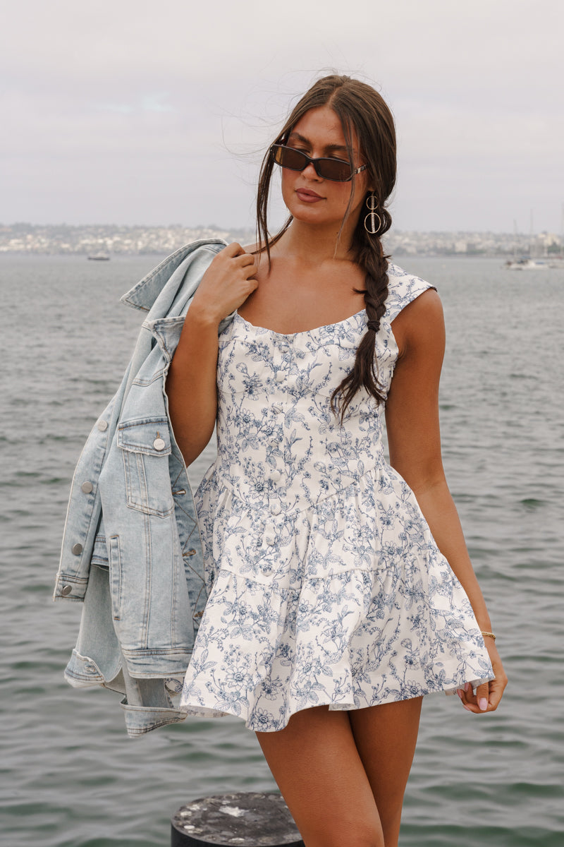 Tilly Sleeveless Elegant Petal Floral Print Mini Dress Blue